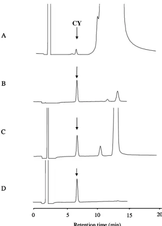 Fig. 1. HPLC Chromatograms of (A, B, C) Sample Solutions of Su-konbu spiked with 0.2 g/kg Cyclamate, and (D) Cyclamate Standard  Solution (100 µg/mL)