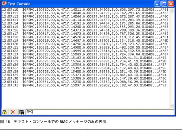 図  16  テキスト・コンソールでの RMC メッセージのみの表示  ボタン 名前 説明 Lock  表示をロックし、新しいデータで表示内容が更新されないよう にします。 Clear All  表示内容全体を消去します。  Filter On/Off  フィルターを適用し、データ・ストリームから不要なデータを 取り除きます。特定の表現（RMCメッセージのみなど）の検 索に使用できます（「図 16」を参照）。  表  3  各コンソールのボタンの説明  4.5.1.1  正規表現の評価  一般に、特定の文字