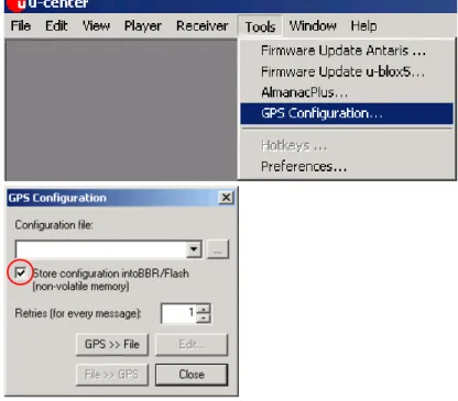 図  47  パラメーターの保存（『GPS Configuration』）  5.3  ログ・ファイルの記録/再生  u-center には、ログ・ファイルの記録/再生機能があります。ログ・ファイルの記録/再生を行うには、 『 Player』メニューや『Player』ツール・バーのインターフェースを使用します。『File』メニューや 『 Standard』ツール・バーから、開きたいログ・ファイルを選択します。『Player』ツール・バーに並んで いるボタンを使用して、ログ・ファイル内の各部に移動できます。 