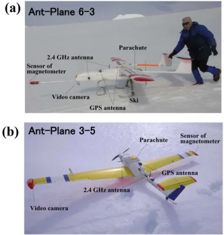 図 2  セント・クリメント基地の滑走路における機体．(a): Ant-Plane 6–3 と(b): Ant-Plane 3–5 の写真．  Fig. 2. Photographs of Ant-Planes