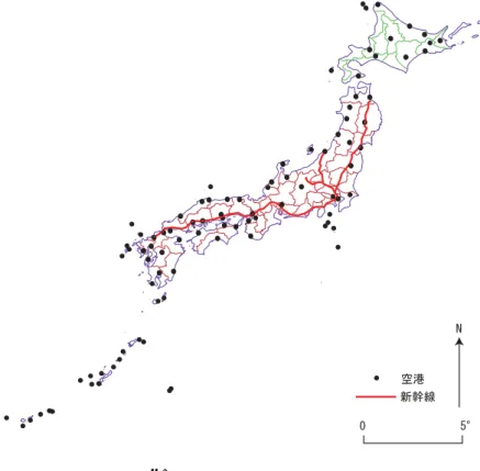 図 2: 全国の空港の地理分布 果予測を含む交通需要予測も加えなければならないことは当然である． 2. 我が国の空港の地理分布と航空利用移動時間 空港の地理分布と空港間の航空利用移動時間について概説する．我が国には空港整備法に よって設置された空港がおよそ 100 ある (図 1)．ほとんど全国偏りなく分布しているが，関 東甲信越地域は少ない．東京を発着する航空便は新幹線と競合すること，空港用地の確保が 難しいこと，騒音被害を受ける人口が多いことなどが理由であると考えられる．これらのう ち 4 島内の空港間