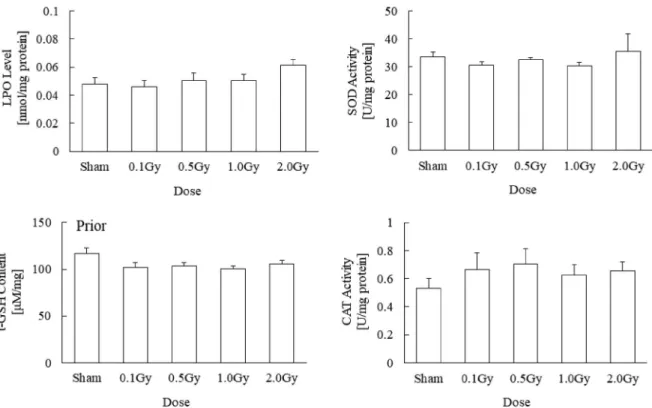 Fig. 3. Effects of prior X-irradiation on oxidative stress markers in the brains of mice receiving different doses of irradiation after the forced swim test