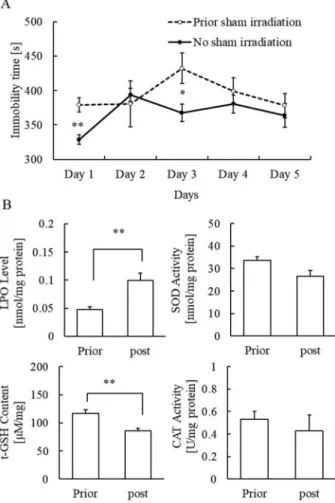Fig. 6. (A) Differences in the forced swim test (FST)-induced immobility and oxidative stress markers in the brains of mice treated with prior or post sham-irradiation