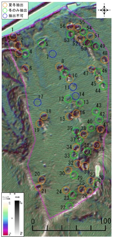 図 4.7.2  微地形強調図による落石発生源抽出結果（背景図：冬季）  落石発生源について，机上抽出結果と現地調査結果の整合性の確認を行った【4.5】（図 4.7.1，4.7.2）．落石発生源抽出結果および現況写真を図 4.7.3〜4.7.5 に示す． 夏冬抽出冬のみ抽出抽出不可NSEW