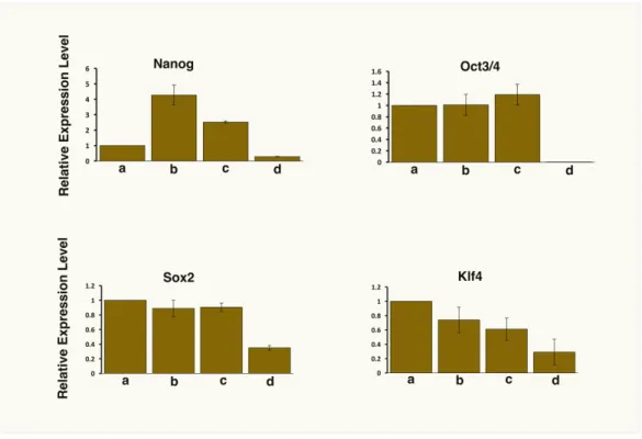 Figure 2.4. Comparison of the expression levels of stemness markers by rt- rt-qPCR. a, miPSCs; b, miPS-LLCcm cells; c, Ptdc cells; d, LMN cells