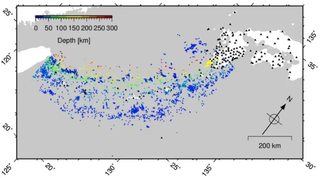 Fig. 1-2: Distribution of hypocenters and stations used in this study. Colored circles denote events used in this study, where the color variation shows with the focal depths
