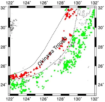Fig. 1-12: Crustal earthquakes inside (red circles) and outside (green circles) of the Okinawa trough
