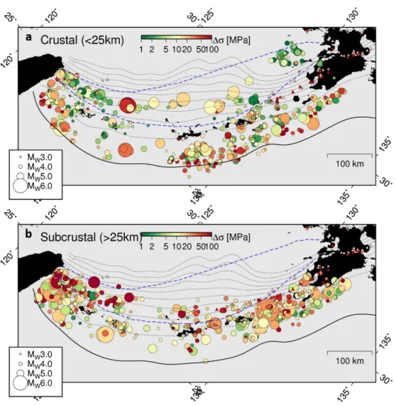Fig. 1-16: Lateral variation of the stress drops for (a) crustal and (b) subcrustal earthquakes in terms of event size