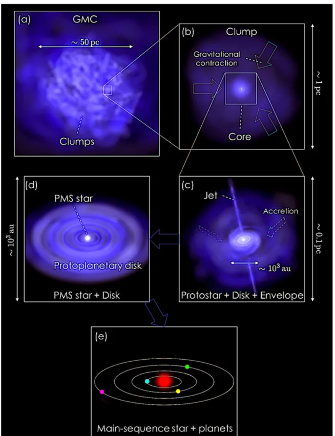 Fig. 1.1 Schematic picture of low-mass stellar system evolution. (a) GMC with clumpy substructures