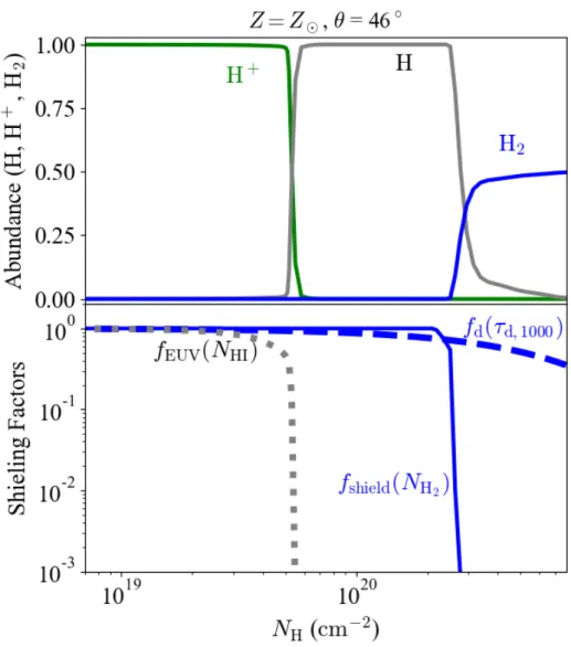 Fig. 2.3 Radial distributions of the H-bearing species (top panel) and the relevant shielding factors (bottom panel) along a ray at θ = 46 ◦ 