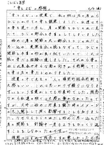 図 2A 「よい医者・よい患者とは」作文添削例（法 学部，女子）。 阿部（下） グループ代表は仕事の責任が重いほど 大変です。リーダーは自分を少ししか出さないとい うのも必要。賛同。 寺沢（下） いつものびのびとした読みやすい字で， 気持ちがいいですね。 図 1D 「骨を読む」作文添削例（薬学部，女子）。 阿部（左） （先入観）も，ひとつのデータにする。→こんどのディベート文も客観視して考える。同（下） ここでは正解を出すことが重要ではなかった。どんな風に考えたか。そう考えるとどのような結論になるか。そして