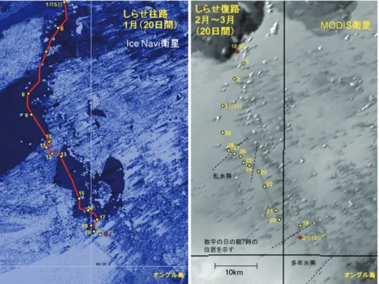 Fig. 4.    Left: Trace of Shirase plotted on fast sea ice.  Image taken by satellite microwave imager in  October 2011