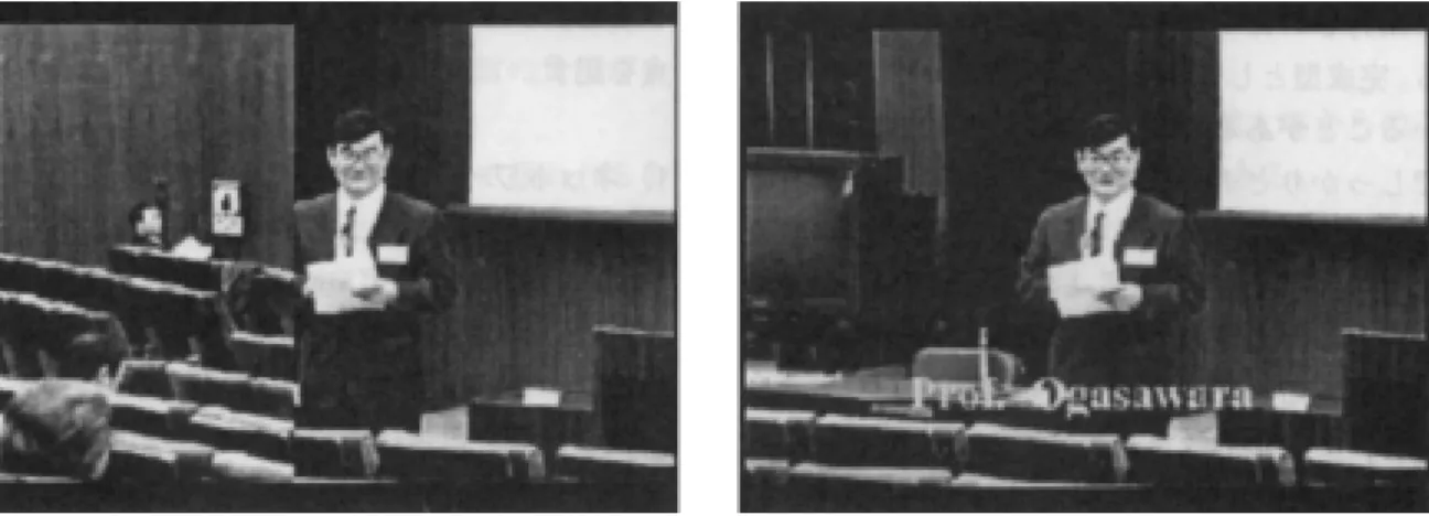 図 4. 横方向の「ワイプ」を設定したトランジションのプレビュー画面（左）と， テロップ挿入のプレビュー画面（右）ル動画映像処理の特徴になるが，加える効果は必要最小限にするほうがよい。効果なしの状態でも，継ぎ目のところは，数フレーム分の映像がオーバーラップしていて，自然にシーンが切り替わるようにみえる。4.4  テロップの挿入 必要に応じて，文字情報をテロップとして挿入する。ふつうのテレビ画面に出力されることを考慮して，使う文字はある程度大きなサイズを選ぶ。最低28pointsのフォントサイズであれば，通常