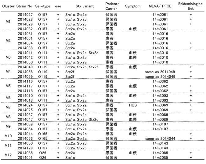 Table 3. Profiles of EHEC strains recognized as cluster type in Mie Prefecture (2014)