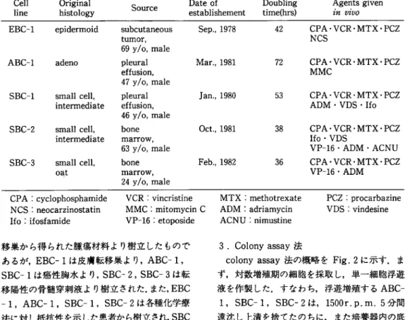 Table  1  Characteristics  of  cell  lines  established  from  carcinoma  of  the  lung