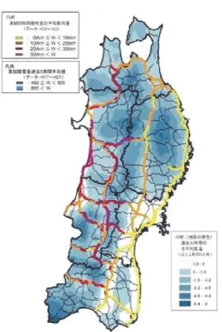図 1-3  東北地方の寒冷の度合いと路線毎の凍結防止剤の散布量 