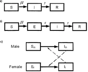 図 1. 基本的な感染症の個体群動態に関する区画（Compartment）．a） SIR 型モデル，b） SEIR 型モデル，c）性感染症の SI 並列型モデル．S （感受性宿主），E （感染待ち時間），I （感 染性期間），R （回復，死亡，免疫）など，想定によって柔軟に変化を加えることが可能 である．矢印上のパラメータは各状態を推移する時間当たりの変化率を意味する． 図 2