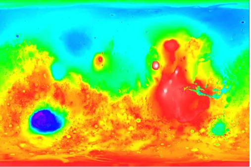 図 2.1 は 1996 年に打ち上げられた探査機マーズ・グローバル・サーベイヤーに 搭載された MOLA(Mars Orbiter Laser Altimeter) によって測定された火星の標高 である．紫色が標高の一番低いところ，青色，水色，緑色，黄色，赤色，白色と いくにつれて標高が高くなる．図の中央やや東側にタルシス地域と呼ばれる標高 の高い (赤色や白色) 場所がある． 図 2.1: 火星の地形 (出典:https://apod.nasa.gov/apod/ap990528.html)．縦軸は緯 