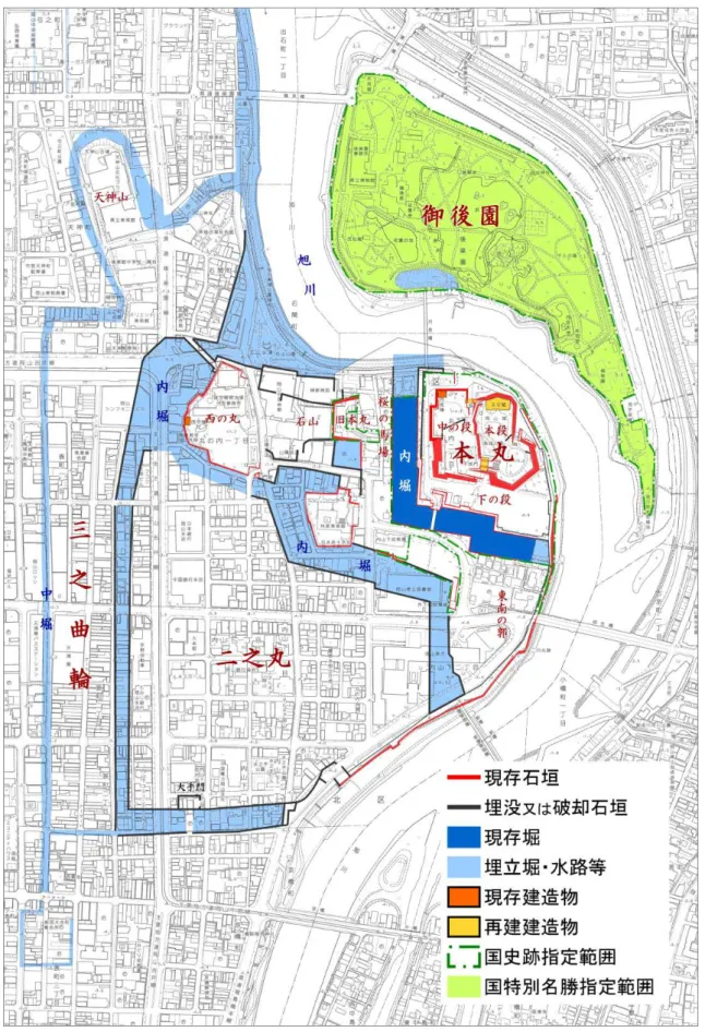 図 2-3：岡山城（三之曲輪以内）と現在の市街地重ね図 