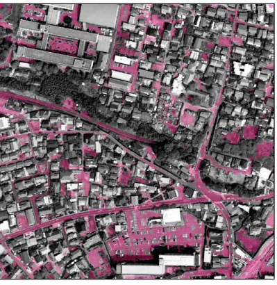 図 8  提案法によって抽出された地面の点  （５）区分的法線ベクトルを用いた建物データの高速描画 建物側面カリング法の計算処理を区分的法線ベクトルを用いて削減して建物データを高速に描画する 方法を提案した．提案法は，法線ベクトルを北から東回りにある一定角度で区分されたグループに割り 当て，法線ベクトルと視線ベクトルのなす角の計算量を削減する．  大分市の建物データ 167,425 軒（図 9 参照）を用いた実験を通してその有効性を検証した．大分市内 の建物データにおいて，建物データの上面のポリゴン数は 1