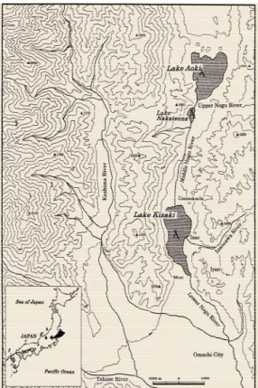 Fig. 1 Nishina Three Lakes and sampling points (modified from Saijo (2001)