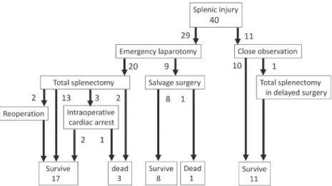 Figure 2　 Flowchart of 41 patients with splenic trauma experienced between 1996 and 2002