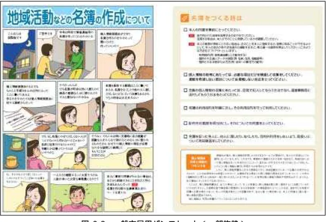 図  2- 3  一般市民用パンフレット（一部抜粋） （ウ）取組による成果  事業者からの、個人情報保護に関する問い合わせは減ってきている。これは、事業者の個 人情報保護への取組が進んだためと考えられる。また、大阪市の各局や行政区からの問い合 わせも減ってきている。担当者に対する研修の実施や相談などを受け付ける中で、直接、市 民の対応ができるようになったためと考えている。  一般市民からの相談件数は、平成 18 年度、平成 19 年度とほぼ同じであるが、相談内容に ついては複雑化の傾向にある。  ● 参考 