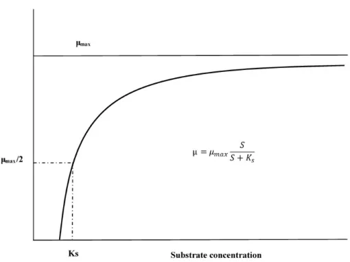 Figure 2.6: Speciﬁc growth rate of bacteria depending on substrate concentration (Based on work by Monod, 1949 [36])