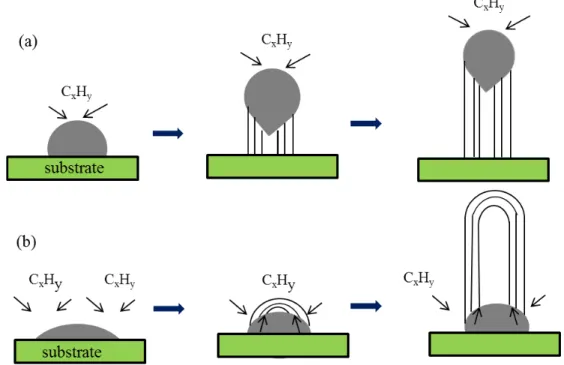 Figure 2.2  Schematic growth  mechanisms  of  CNT  (a) Tip-growth model and (b)  base-growth model 