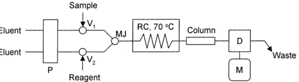 Fig. 1 Merging zone derivatization - RP-HPLC system for the determination of n-alkylamines as SAS- and SPAHNA- Schiff bases