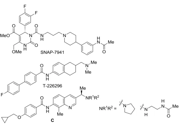 Figure 1-5  アミノ酸を含有しないペプチドミメティクス MCHR1 拮抗薬  第2節  医薬品のプロセス化学  一般的に医薬品は、幾段階もの開発ステージを経て研究開発が進められ、最終的に各国 当局から製造販売の承認を取得した後、ようやく患者の元に届けられる 20 。その過程にお いてプロセス化学は、開発初期から市販に至るまでの非常に長い開発期間を支える重要な 役割を担っている（Figure 1-6） 21 。プロセス化学に求められる主要な役割は、開発初期の ステージにおいては、各種非臨床試験（薬効