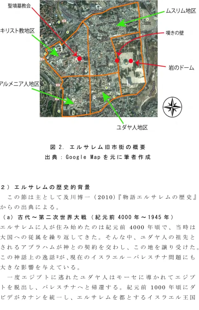 図 2 ． エ ル サ レ ム 旧 市 街 の 概 要   出 典 ： G o o g l e   M a p を 元 に 筆 者 作 成   ２ ） エ ル サ レ ム の 歴 史 的 背 景     こ の 節 は 主 と し て 及 川 博 一 （ 2 0 1 0 ）『 物 語 エ ル サ レ ム の 歴 史 』 か ら の 出 典 に よ る 。   （ a ） 古 代 ～ 第 二 次 世 界 大 戦 （ 紀 元 前 4 0 0 0 年 ～ 1 9 4 5 年 ）   エ ル サ レ ム に 人 が