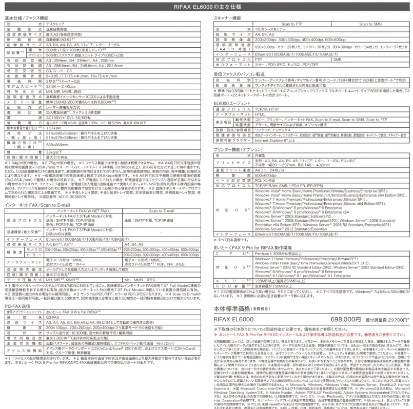 表 示 項目 動作状態 コピー、プリンター、インターネットFAX、Scan to E-mail、Scan to SMB、Scan to FTP 装置状態 アラーム、用紙サイズおよび有無、オプション構成 登録・設定/参照項目 ワンタッチ、インデックス 管 理 者 保 守 項 目 宛先データインポート/エクスポート、初期設定、部門登録、部門別集計、累積枚数、節電設定、ネットワーク設定、スキャナー設定 使 用 可 能ブラウザ ー Internet Explorer6®以上EL6000エージェント	宛先判 別 ナン