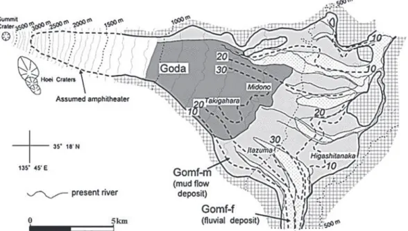 Fig.  3 . Distribution of Gotemba debris avalanche deposit (Goda) and Gotemba mud ﬂow deposit (Gomf) at eastern foot of  Fuji volcano, and isopachmap of these deposits