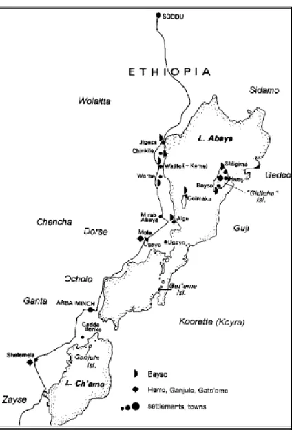 図 1: アバヤ湖とチャモ湖周辺の言語地図 (Brenzinger (1999:35) より引用)