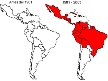Figura 3. Presencia del DEN-3 en el continente americano entre 1994 y 2003 