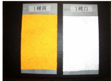 図 5.4  道路標識柱  （左；赤塗装、中央；亜鉛メッキ、右；黄塗装）  図 5.5  ガードレール  （左；亜鉛メッキ、右；白塗装）  図 5.6  排水管（亜鉛メッキ）                図 5.7  路面標示材塗布サンプル                                                      （上；1 種、中；2 種、下；3 種） 