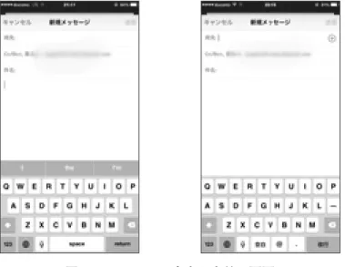図 2 　iPhoneでの音声入力前の画面 （左：キーボードでの英語入力画面　右：キーボードでの日本語入力画面） 図 3 「マイク」のアイコンをタップした後の音声入力画面 （左：英語音声入力前の画面、右：英語音声入力中の画面） 　図 3 の左の画面は英語音声入力の準備が整った画面で、この状態でごく自然に［普通に］ 英語を話すと、図 3 の右の画面のように、自動的に音声入力が瞬時にされていき、テキスト が自動的に入力されていくのである。（筆者はこの音声入力を初めて行った時は、その速さ と正確さに本当に驚いたも