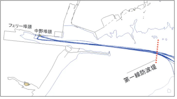 図 -28  仙台塩釜港・仙台港区の所要時間確認位置  （2011 年 3 月，自動車運搬船）  図 -29  鹿島港の所要時間確認位置（2011 年 3 月）  般貨物船一隻の結果ではあるが，入出港共に地震前後で 差がなかった．東北地方太平洋沖地震では，仙台塩釜港・ 仙台港区は後背地含め広い範囲で浸水し，航路・泊地の 障害物が非常に多く，航路啓開に時間を要した（5月下旬 まで）．このため，3月中の一般商船の入港に際しては， 慎重な入港手順が踏まれたものと推察される．これに対 し，鹿島港の浸水範囲は港湾周辺