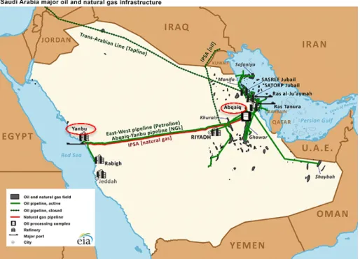 図 4 サウジアラビアの石油パイプライン経路図(緑色部分) 
