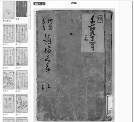 図 1  国立国語研究所所蔵『河東方言箱まくら』 5 3.  「洒落本コーパス 0.5 」の特徴  本コーパスの大きな特徴は，形態論情報， XML タグによる文書構造情報，出典情報，話者情 報が揃って付与されている点である。また，対応する版本画像がある場合は，検索結果から当該 丁の公開画像リンク先にジャンプする機能を備えている。これにより，単なる文字列検索の用途 にとどまらず，様々な情報による検索や，従来の索引に付されていたような，底本や画像の参照， 高度な付帯情報の取得等を同時に行うことができる。  次頁