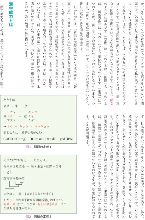 図 1  問題の定義 1 図 2  問題の定義 2たとえば、東京  ＝東  ＋  京 ヒガシ    キョウ東トウ＋京ケイ アズマ    ミヤコ→トウ  ＋  キョウ  ＝  トウキョウ同じように、英語の場合だとGOOD＝G（＝g）＋OO（＝ʊ）＋D （＝ d ）→  g ʊ d （ IPA ）それだけではなく……たとえば、新東京国際空港  ＝  新＋東京＋国際＋空港つまり新東京国際空港または： 新＋{東京［国際（空港）］}しかし、学生は「新東京国際空港」のまえで、新東＋京  など、つまり「新しい東」の京 ？