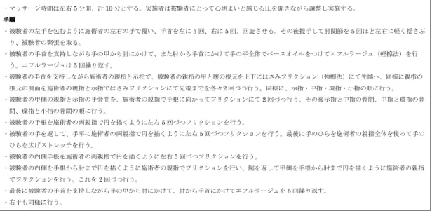 表 1  ハンドマッサージの手順書  ２．施術学生への指導  ベースオイル（ホホバオイル）のパッチテストを実施し発赤やかゆみが出現しないことを 確認後、教員がデモンストレーションを実施し、統一した技術を提供できるように技術練習 を 10 回以上行い、最終テストを実施した。デモンストレーションから最終テストまでは約 4 時間を要した。本技術の考案および演習・最終テストは、日本アロマ環境協会および International Federation of Aromatherapists にてセラピストとしての認定