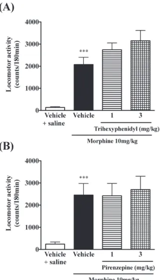 Fig. 4　Effect of trihexyphenidyl (A) and pirenzepine (B) on the  morphine-induced  hyperlocomotion  in  mice