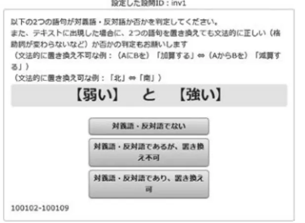 図 1 クラウドソーシングによる評定値情報収集画面 3.2 クラウドソーシングによる評定値情報 3.1 節で抽出した 7,658 反対語対候補に，ランダムで追加した 4,342 の単語対 6 をあわせた 12,000 単語対を対象として，一般の方が反対語として認識するかどうかの評定値を Yahoo! ク ラウドソーシングにより収集した．実験対象者は，20 歳以上の Yahoo! Japan ID を所持する 者とした．実験に際し，不適切な回答を行う実験不適切者の排除を行ったが，性別・在住地な どによる統制は