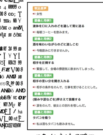 図 2 は図 1 と同じ画面の下部にある語義と用 例である。画面上部の「吹込音声」のアイコンを クリックすると、 「飲む」の音声が流れる。見出し 語は女性か男性の声で読み上げられる。用例も、 アイコンをクリックすることによって音声を聞く ことができるが、こちらは人間ではなく合成音声 の読み上げである。 図 1 の見出し語の横にある「コロケーション情 報」 「類義語情報」 「文化的発見記述文」は、その 箇所をクリックすると、それぞれの画面にジャン プする。以下、それぞれの機能について説明する。 「コロケーショ