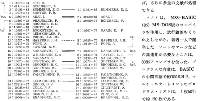 図 4 文献 860 と文献 137 との関連度数 研究者に有用なものである. C i t a t i o n  Analysis で、使われた各種の分析手法 は， R e f e r a t i o n  Analysis にも適用できる.この 新しい分析法は，非常に可能性を秘めたものであ る.やがて研究者は，独自のパーソナル・データ ベースをノミソコン上に作成し，それに支援されて 研究をすすめる時代がくる