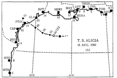 図 3 T. S.  (熱帯低気庄 )ALICIA の 進路予想(太破線) と沿岸各都市のハリケーン確率予 報[ 3  ]  MT  ゴ GLS  /.21 PTOC_ 、./: 19\i~ ~15  r\、ず ι ♂、，ベ.，v... "コ '-小o~- ・ T 