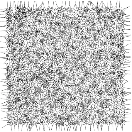 図 3 単位正方形内に一様に分 布した 4000点に対する Voronoi 図(大屋隆生氏 による) し 3 点に対する Voronoi 図からはじめて l 点ずつ点 を追加してゆき，追加点に 対する Voronoi 領域を点 を追加するたびに構成して いく(図 2 )“逐次添加法" にさらに点の追加順序と追 加点、の Voronoi 領域の構 成の 2 点に関して，工夫を こらした四分木を用いて改 良を加えて高速化を図った “逐次四分添加法"が最近 開発された.この方法によ ると最悪の場合