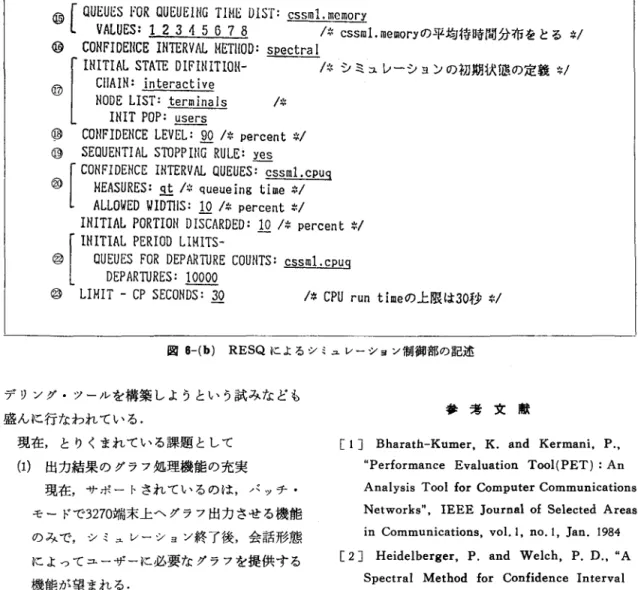 図 6-(b) RESQ によるシミュレーション制御部の記述 デリング・ツールを構築しようという試みなども 盛んに行なわれている. 現在，とりくまれている諜題として ( 1 )  出力結果のグラフ処理機能の充実 現在，サポートされているのは，パッチ・ モードで3270端末上ヘグラフ出力させる機能 のみで，シミュレーション終了後，会話形態 によってユーザーに必要なグラフを提供する 機能が望まれる